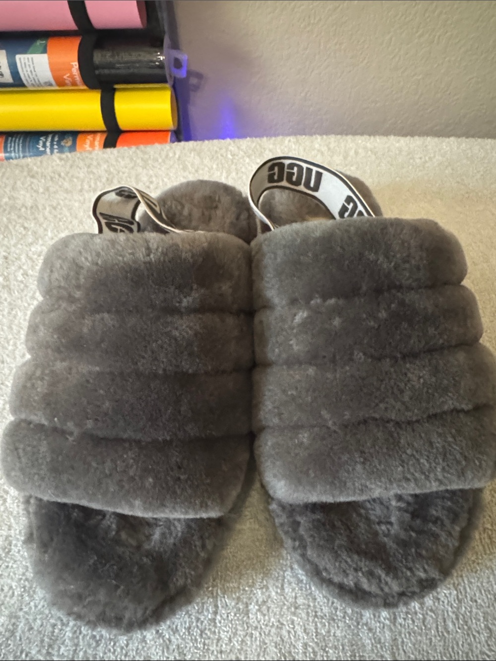 UGG Gray Plush Shearling Slide Sandals with Logo Strap